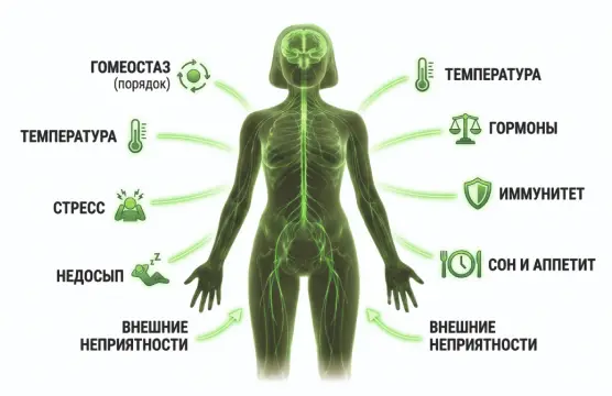 Схема поддержания гомеостаза эндоканнабиноидной системой: регуляция температуры, гормонов, иммунитета, сна и аппетита в условиях стресса, недосыпа и внешних неприятностей
